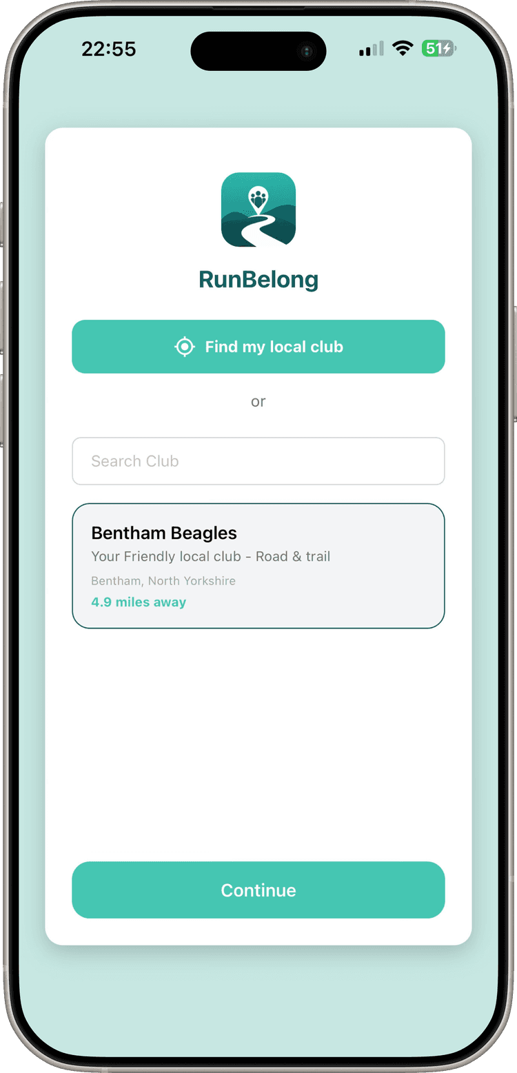RunBelong app showing club discovery