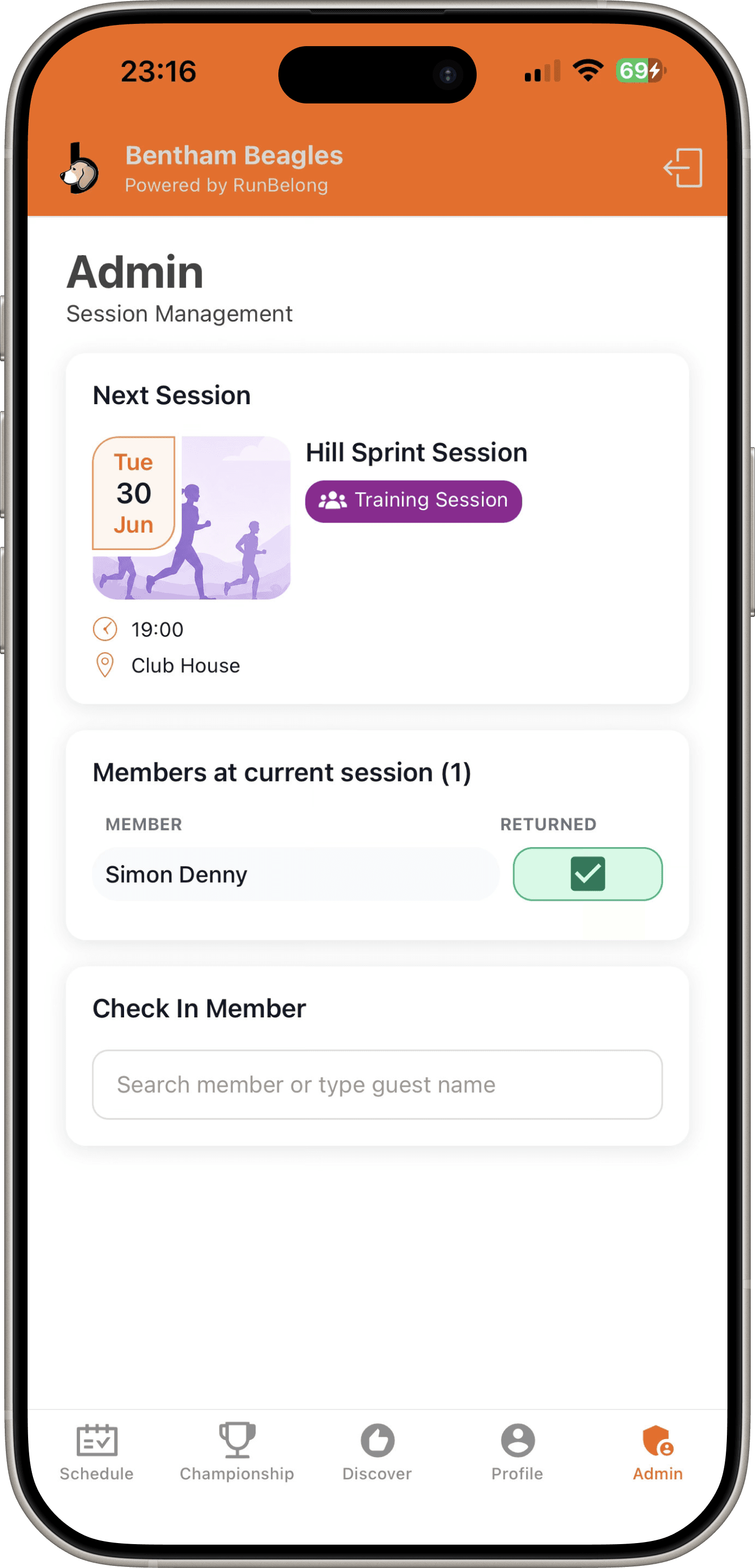 Manage session check-ins in the RunBelong app